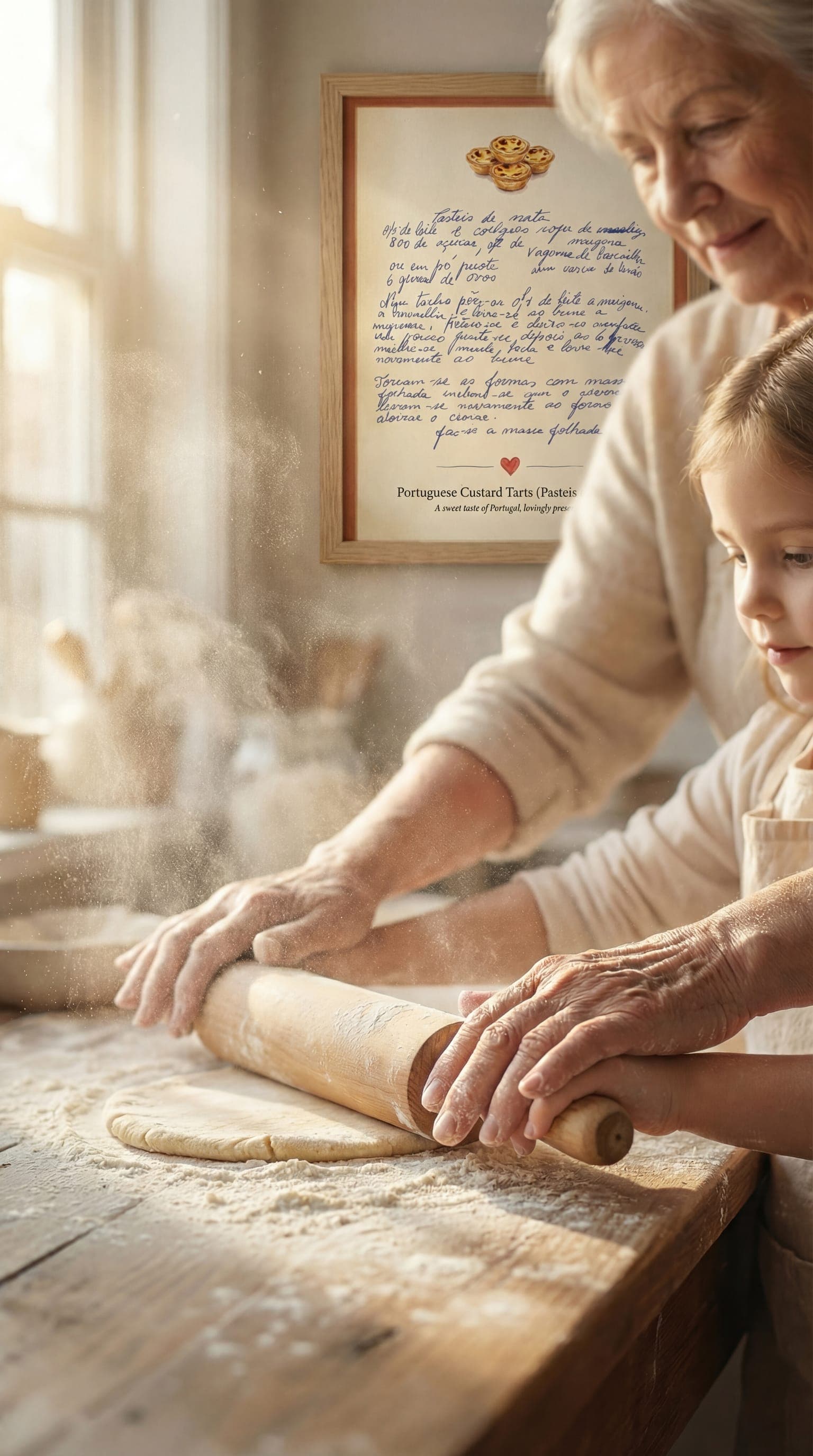 Grandmother and granddaughter baking together with framed recipe art on wall