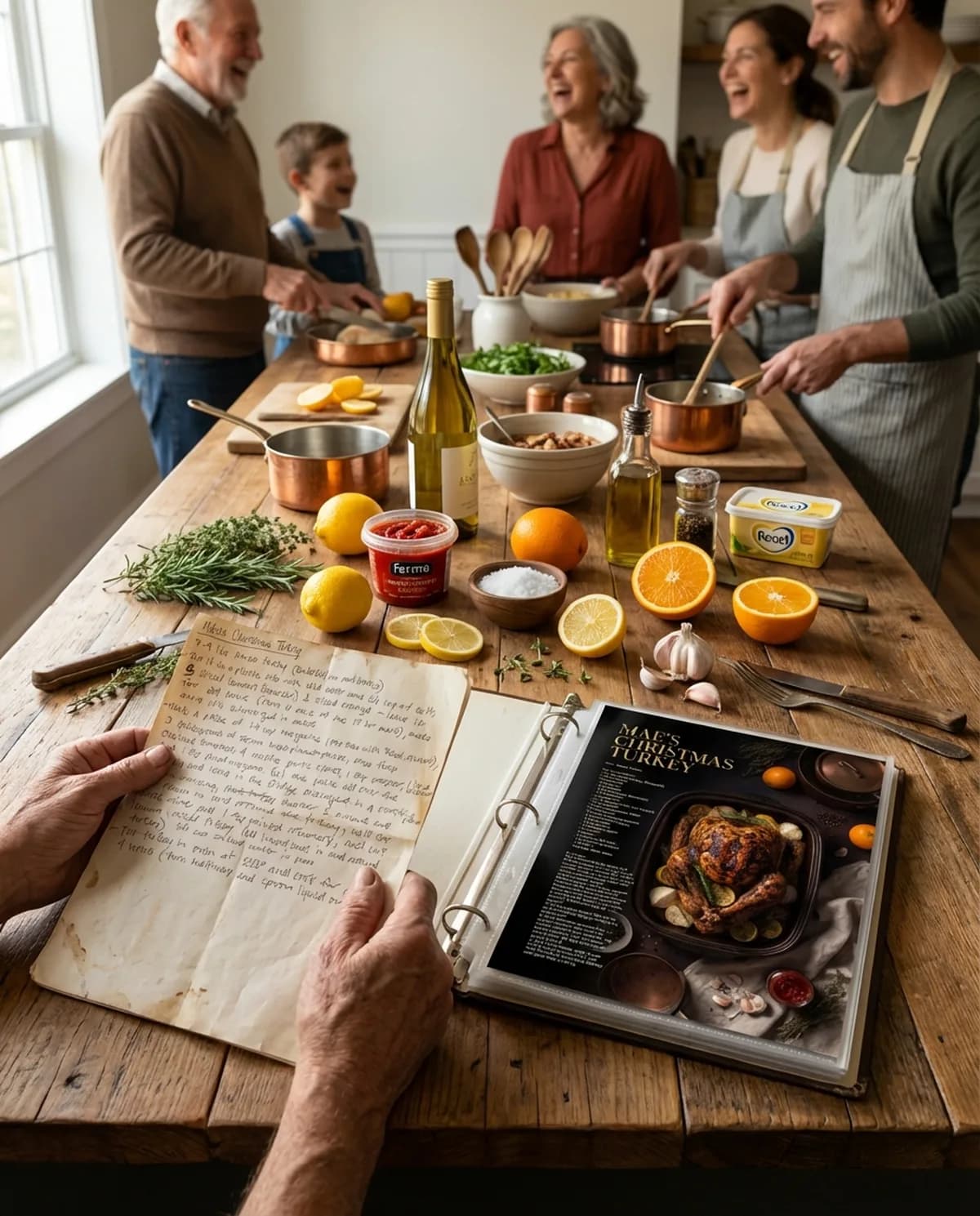 Family gathered in kitchen with handwritten recipe card and Heritage Recipe keepsake binder