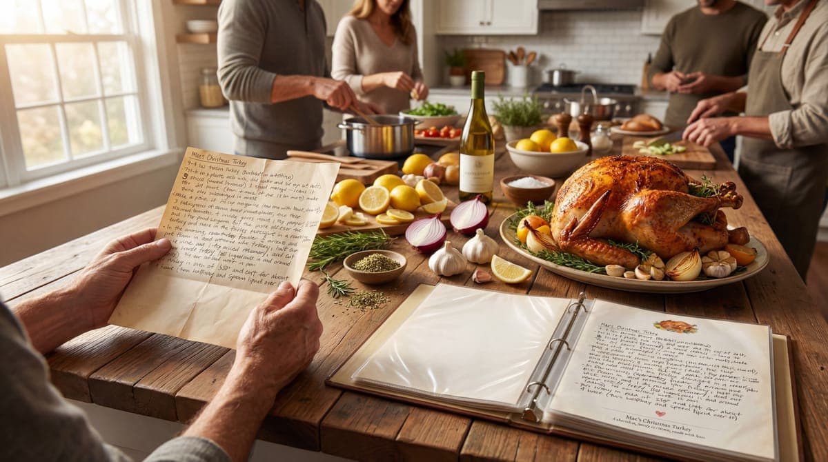 Family gathered in kitchen with handwritten recipe card and Heritage Recipe keepsake binder